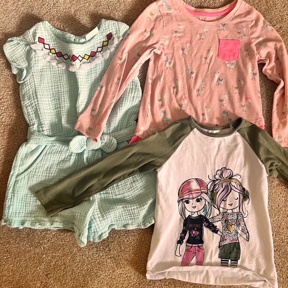 1 OshKosh Romper, 2 long sleeve girls tops.